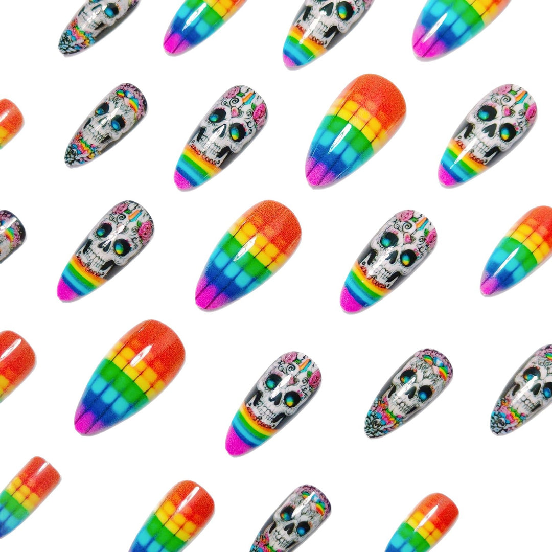 Creative artificial nails with skull design and rainbow colors Stornfield
