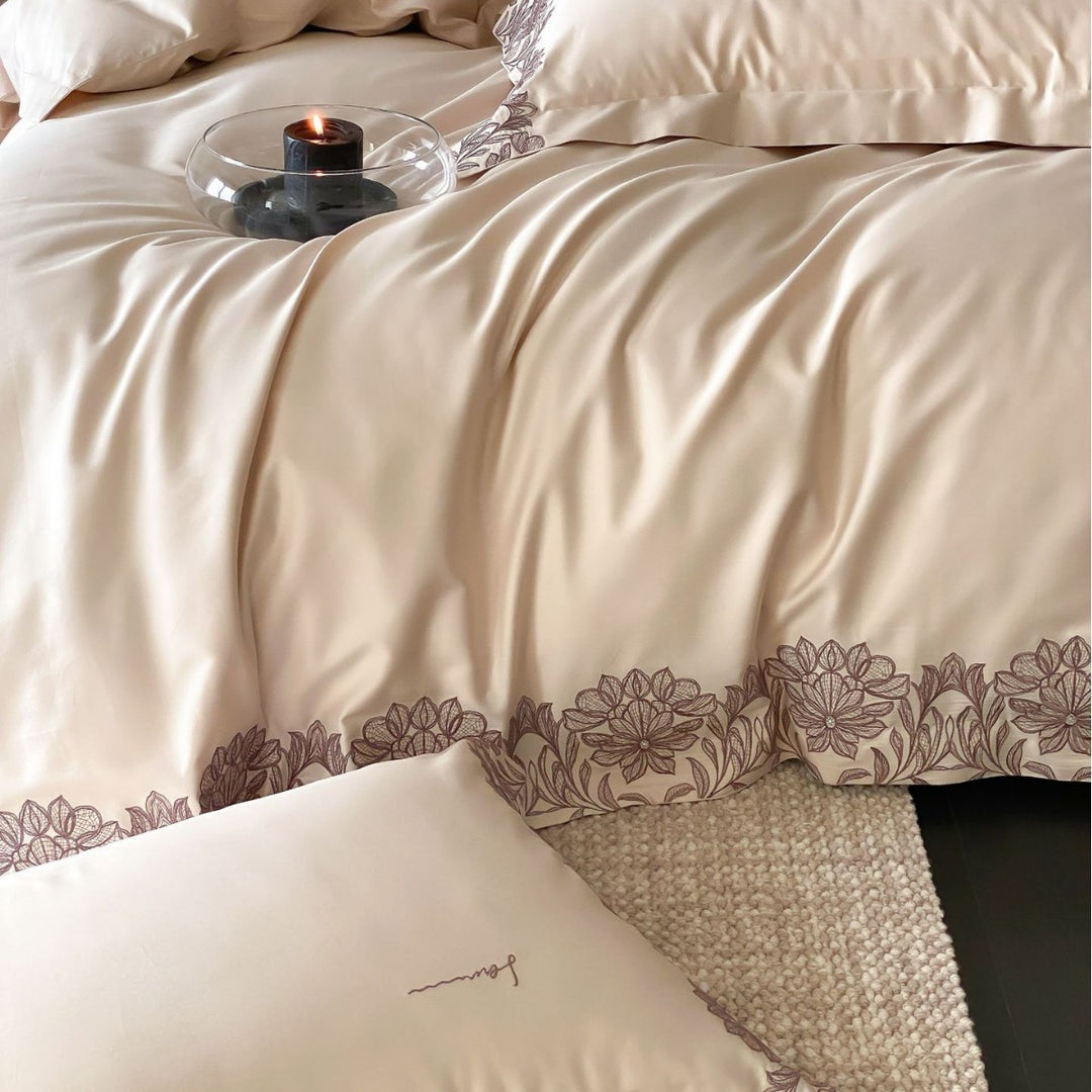 Cotton satin duvet cover set with fine floral border embroidery and silky feel