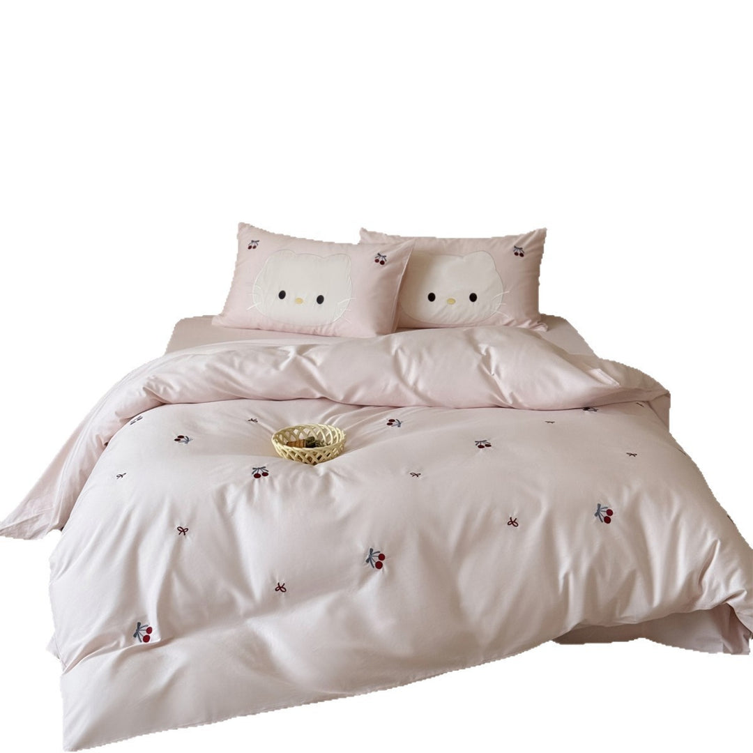 Embroidered Cherry Duvet Cover Set with Appliqué Face Pillow Shams
