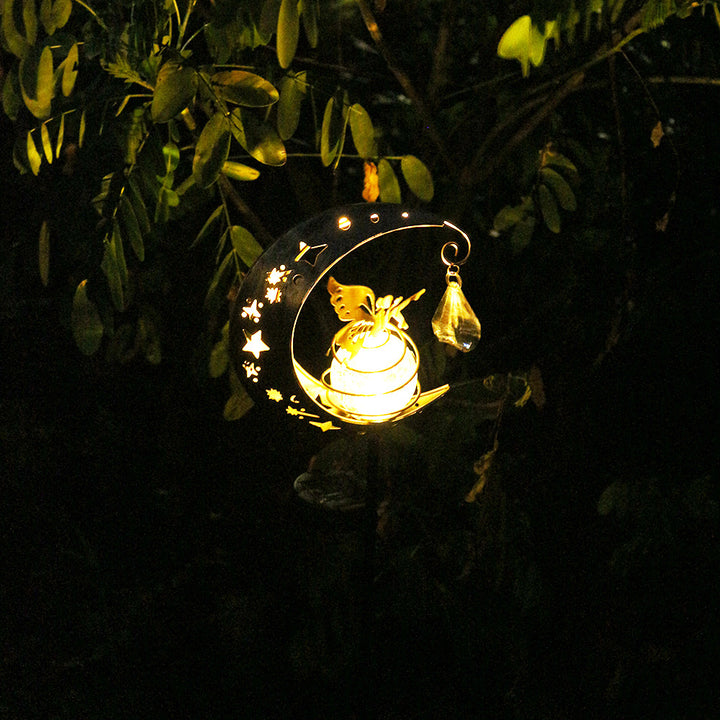 Crescent Moon Solar Garden Stake Light With Rotating Crackle Glass Orb And Butterfly Accent Stornfield