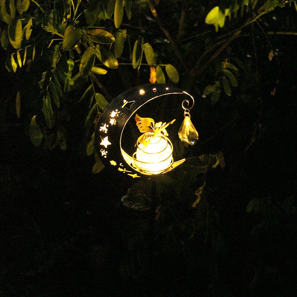 Decorative Crescent Moon Solar Garden Stake Lamp With Hanging Crystal Orb And Butterfly Stornfield