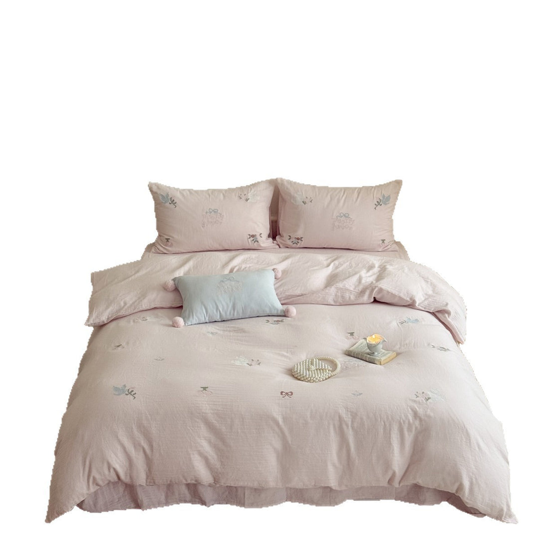 Delicate Floral and Dove Embroidered Cotton-Linen Duvet Cover Set with Decorative Pillow Shams