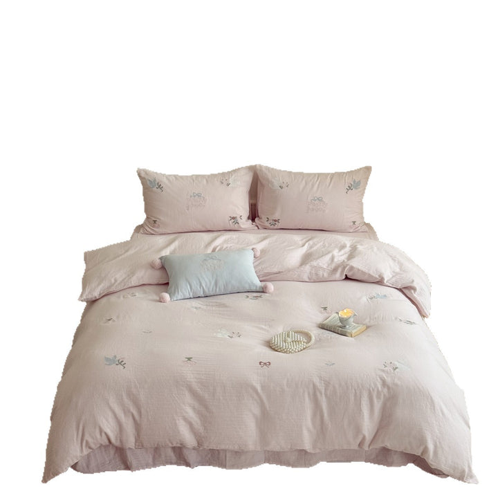 Delicate Floral and Dove Embroidered Cotton-Linen Duvet Cover Set with Decorative Pillow Shams