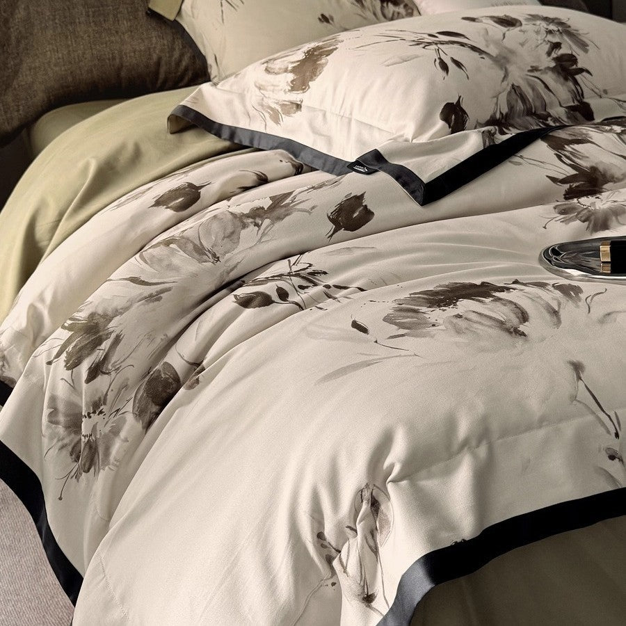 Floral Print Cotton Sateen Duvet Cover Set with Reversible Back and Piped Edging