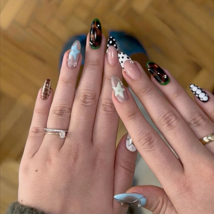 Artistic Press-On Nail Set with Star and Geometric Designs Stornfield
