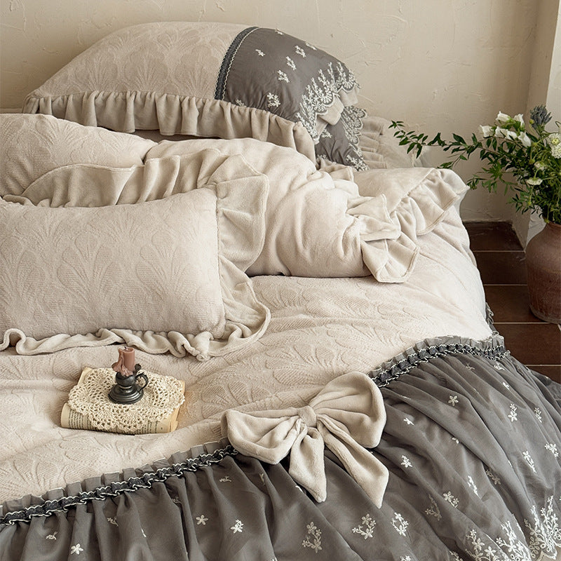 Luxury Ruffled Velvet-Jacquard Duvet Cover Set with Embroidered Lace Skirt & Bow