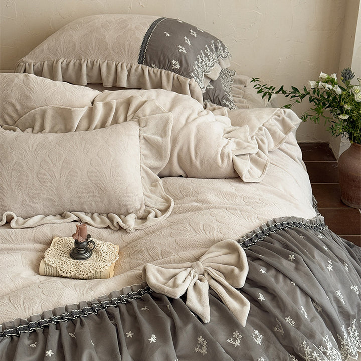 Luxury Ruffled Velvet-Jacquard Duvet Cover Set with Embroidered Lace Skirt & Bow