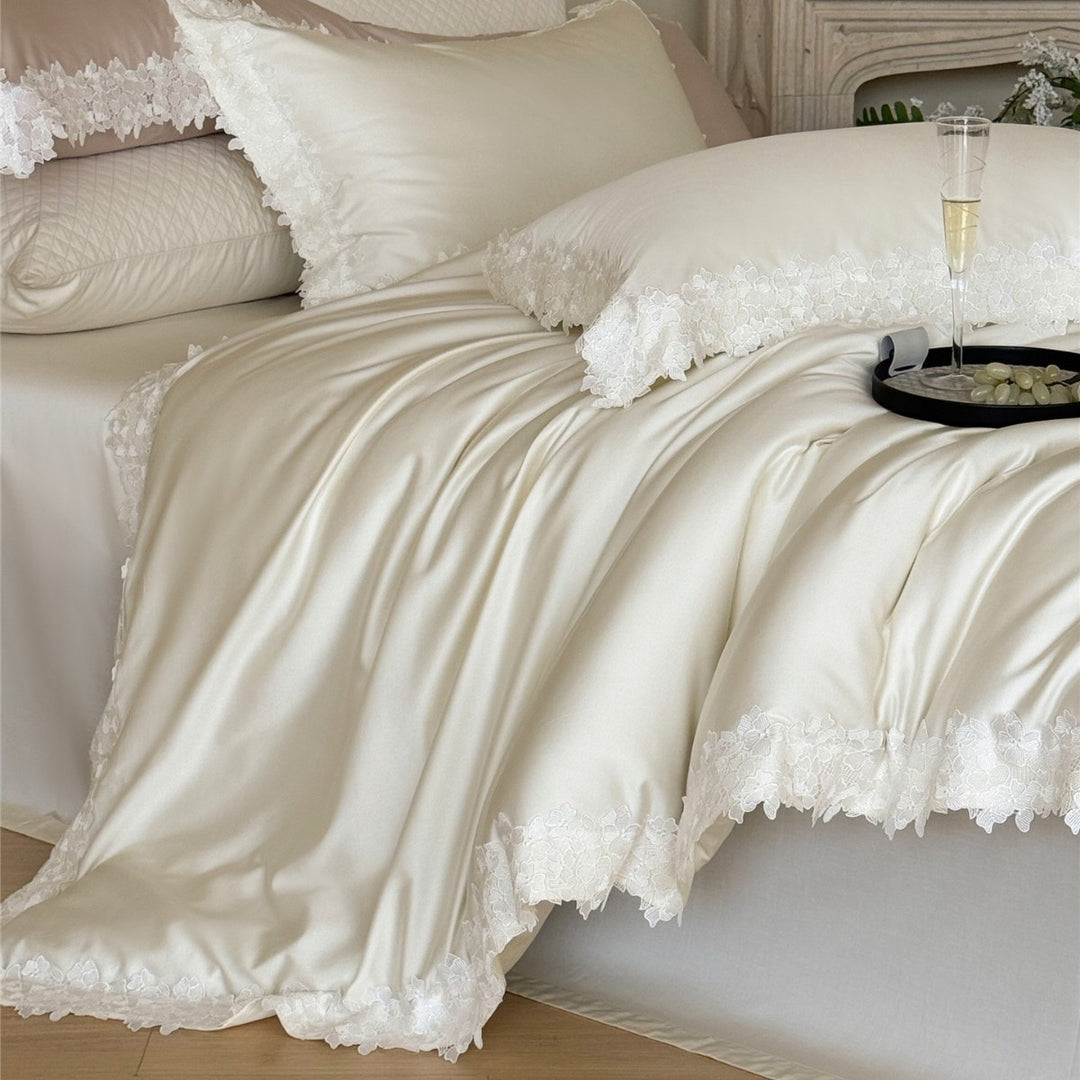 Silky Satin Duvet Cover Ensemble with Scalloped Floral Lace Border and Pillow Shams