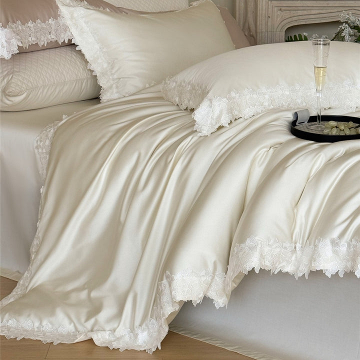 Silky Satin Duvet Cover Ensemble with Scalloped Floral Lace Border and Pillow Shams