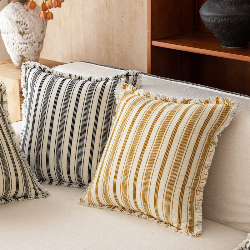 Square Woven Cotton Stripe Accent Pillow with Fringed Border and Removable Cover