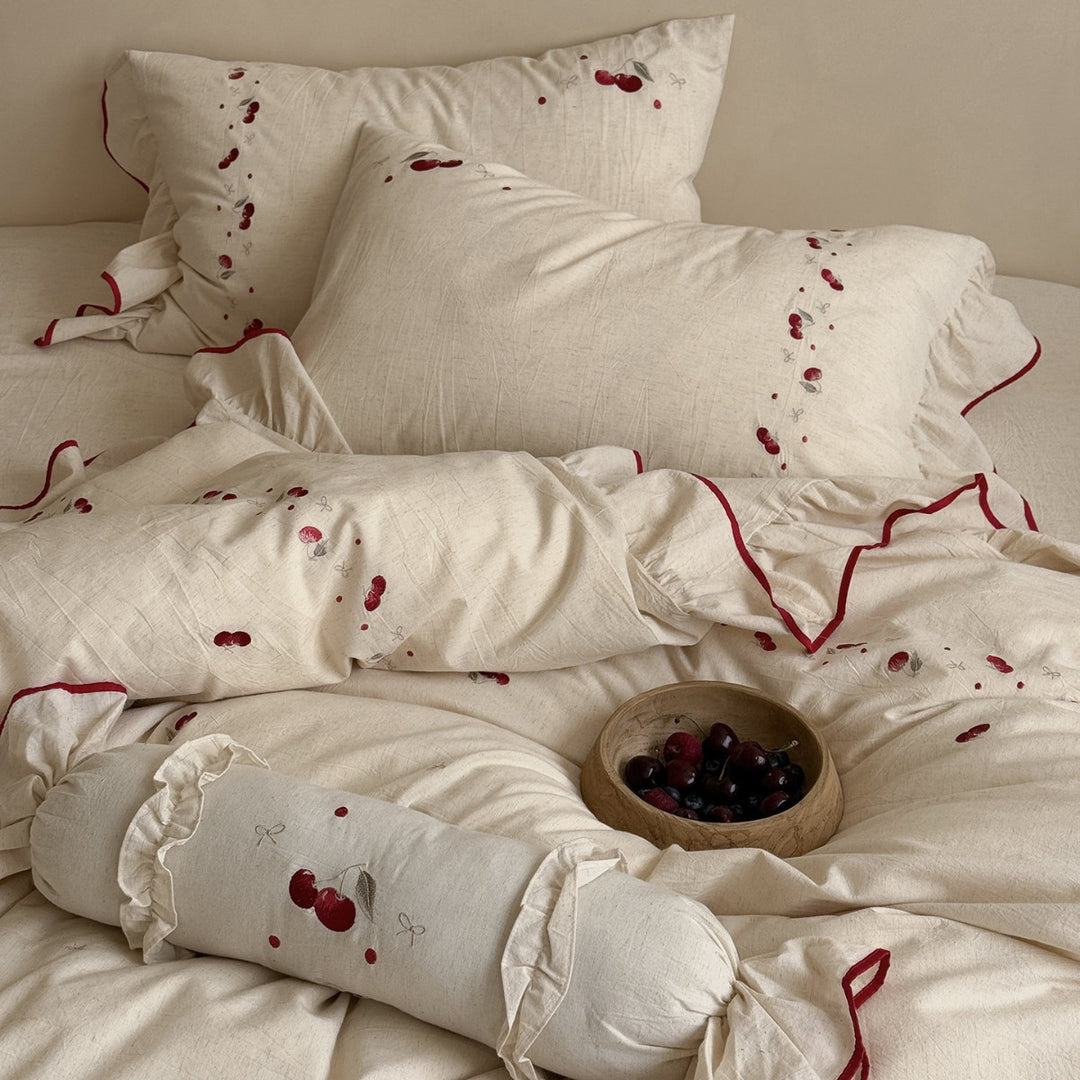 Embroidered Cherry Ruffle Cotton-Linen Duvet Cover Set with Decorative Bolster
