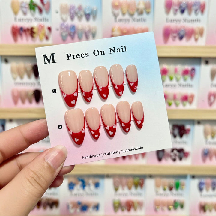 Handmade Press-On Nail Set with Heart Pattern