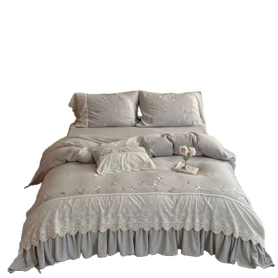 Embroidered Linen-Cotton Ruffled Duvet Cover Set with Lace Trim and Pillow Shams