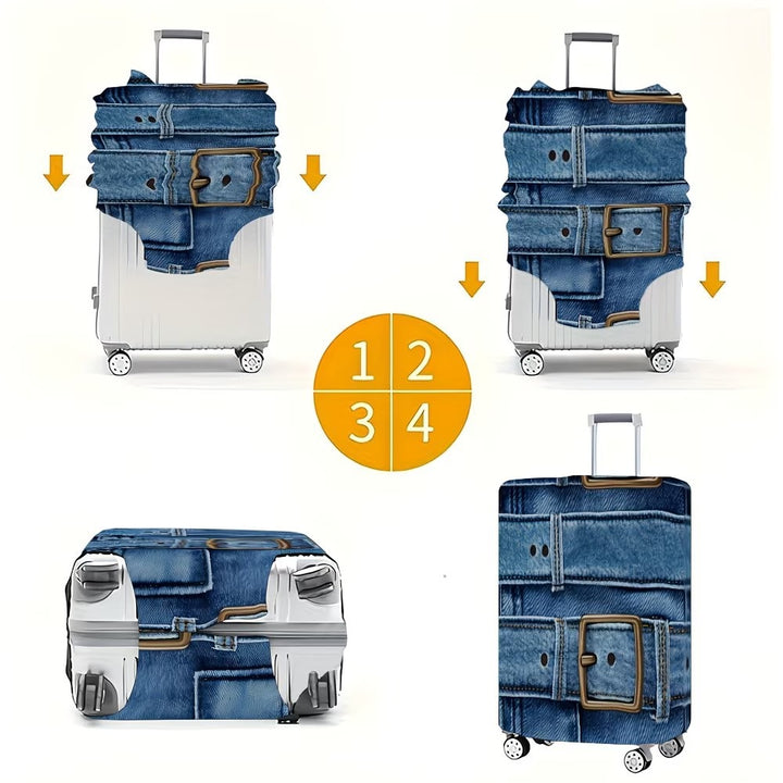 Unisex stylish suitcase cover with denim belt motif, elastic protective cover for rolling suitcase Stornfield