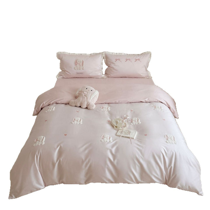Embroidered Satin Duvet Cover Set with Ruffled Pillowcases & Plush Accent