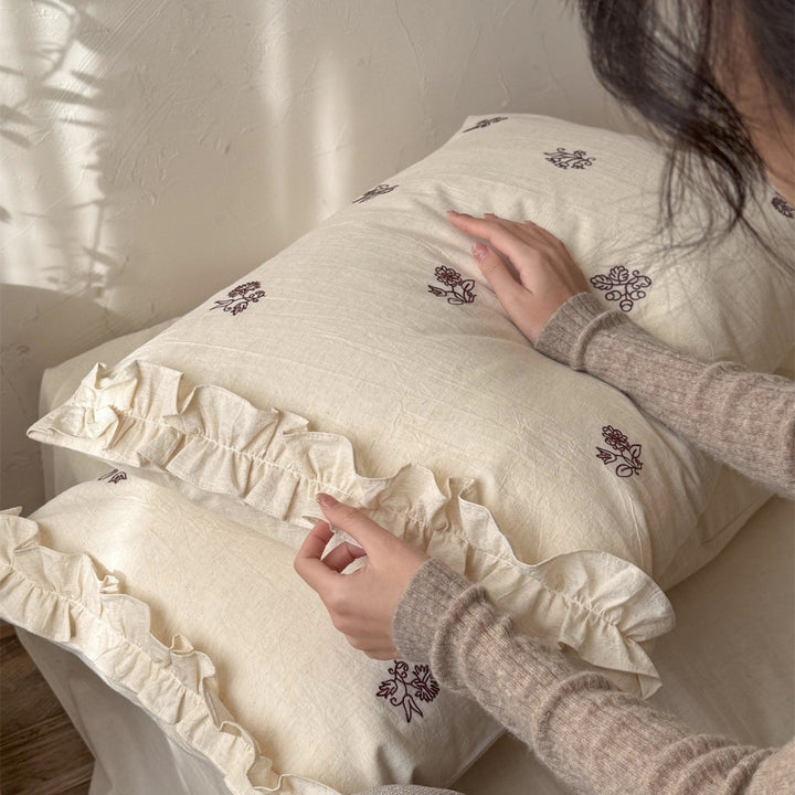 Botanical Embroidered Ruffled Cotton-Linen Duvet Cover Set with Frilled Pillow Shams