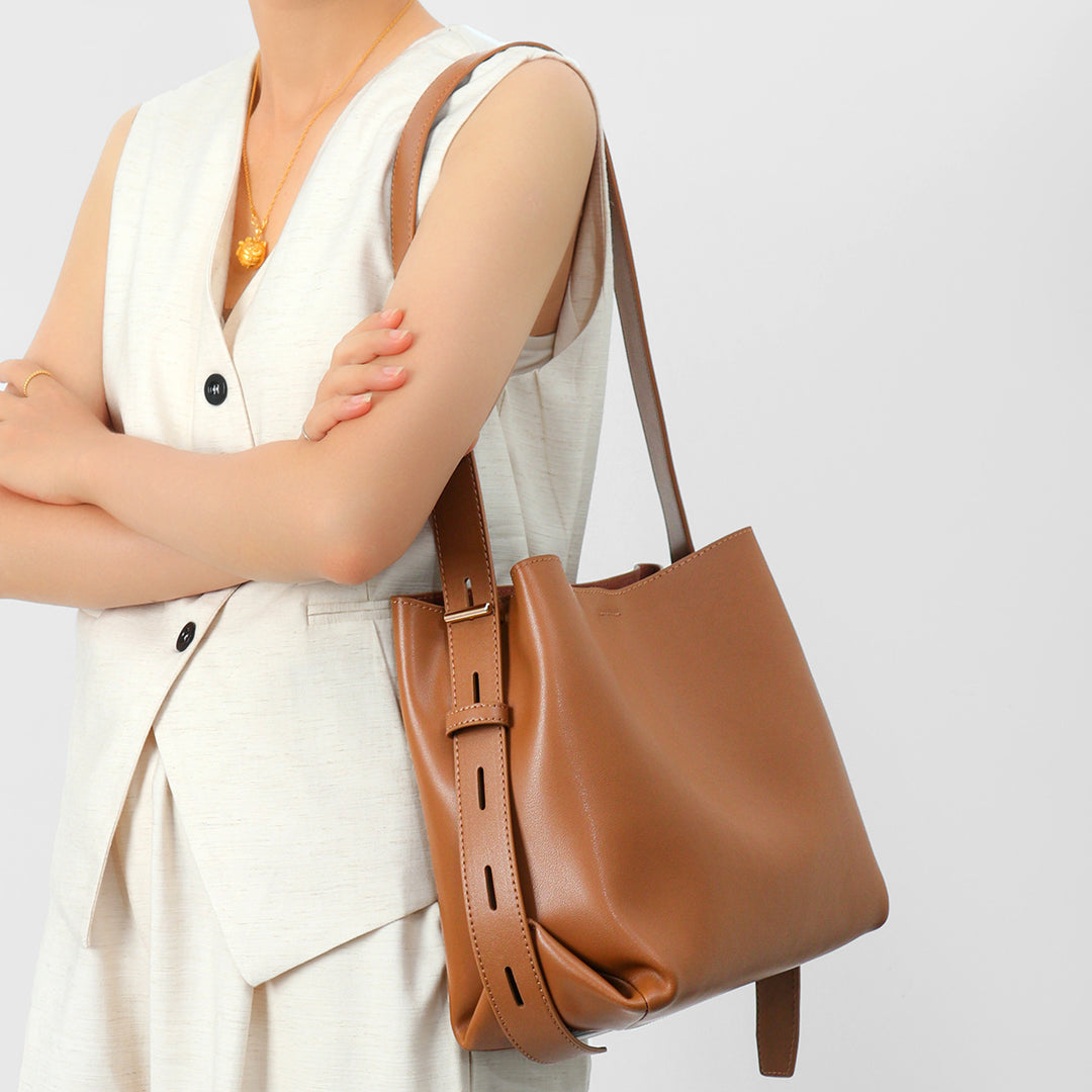 Minimalist Smooth Leather Adjustable-Strap Shoulder Tote