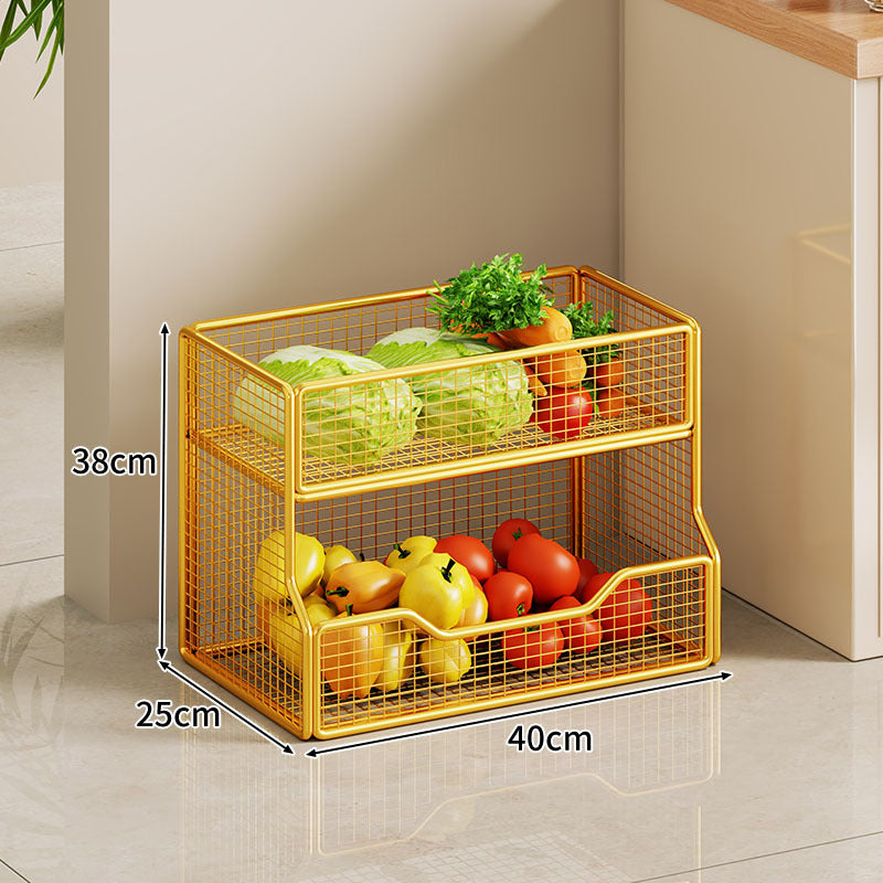 Two Tier Wire Mesh Kitchen Produce Storage Rack with Slide Out Lower Basket