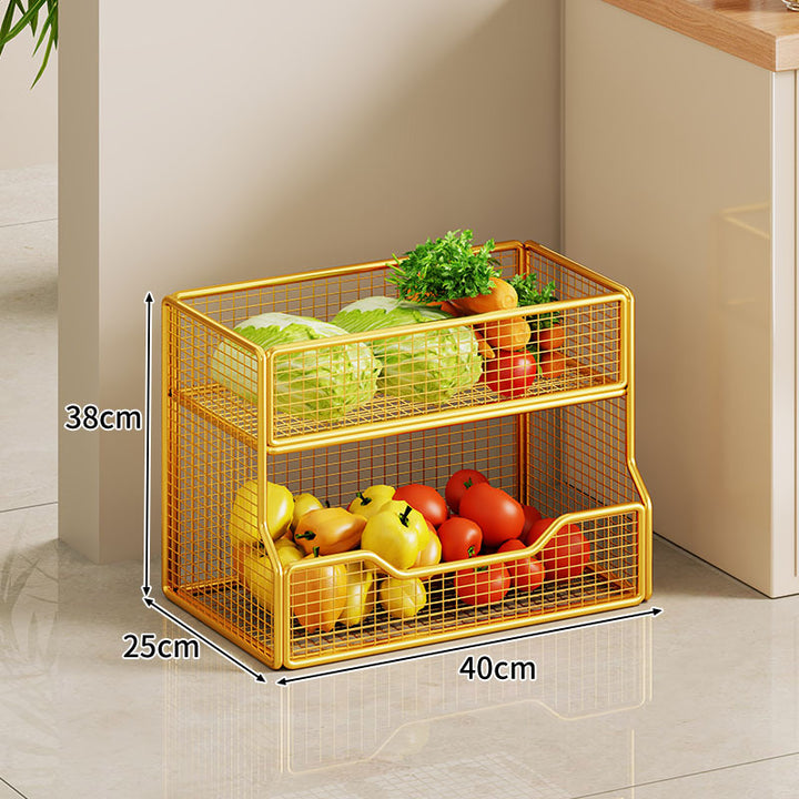 Two Tier Wire Mesh Kitchen Produce Storage Rack with Slide Out Lower Basket