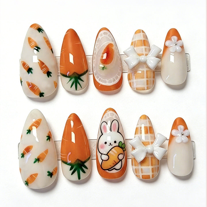 Artificial nail set with spring-like carrot and rabbit pattern Stornfield