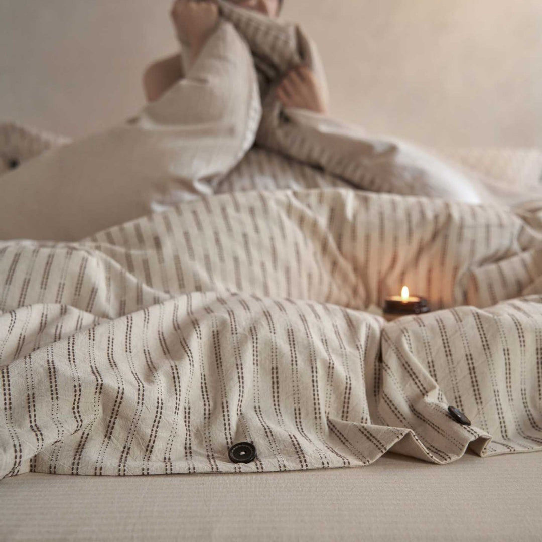Button-Closure Striped Cotton-Linen Duvet Cover Set with Matching Pillowcases
