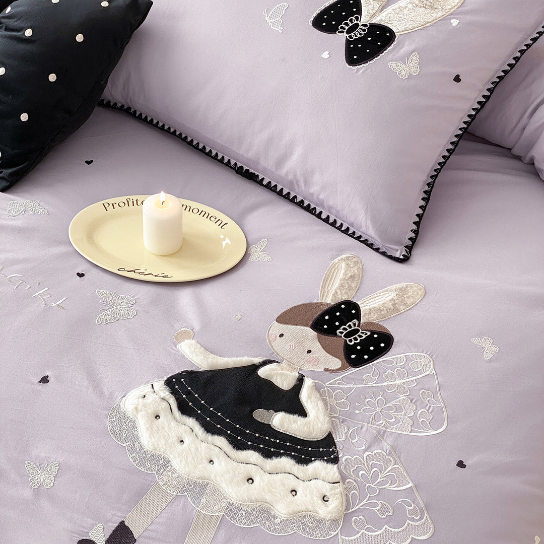Embroidered Cotton Duvet Cover Set with Appliqué Ballet Doll & Decorative Bow Pillows