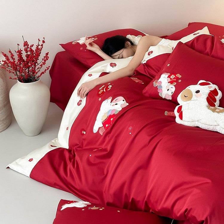 Luxurious bedding set made of fine cotton satin with elaborate embroidery & contrasting trim