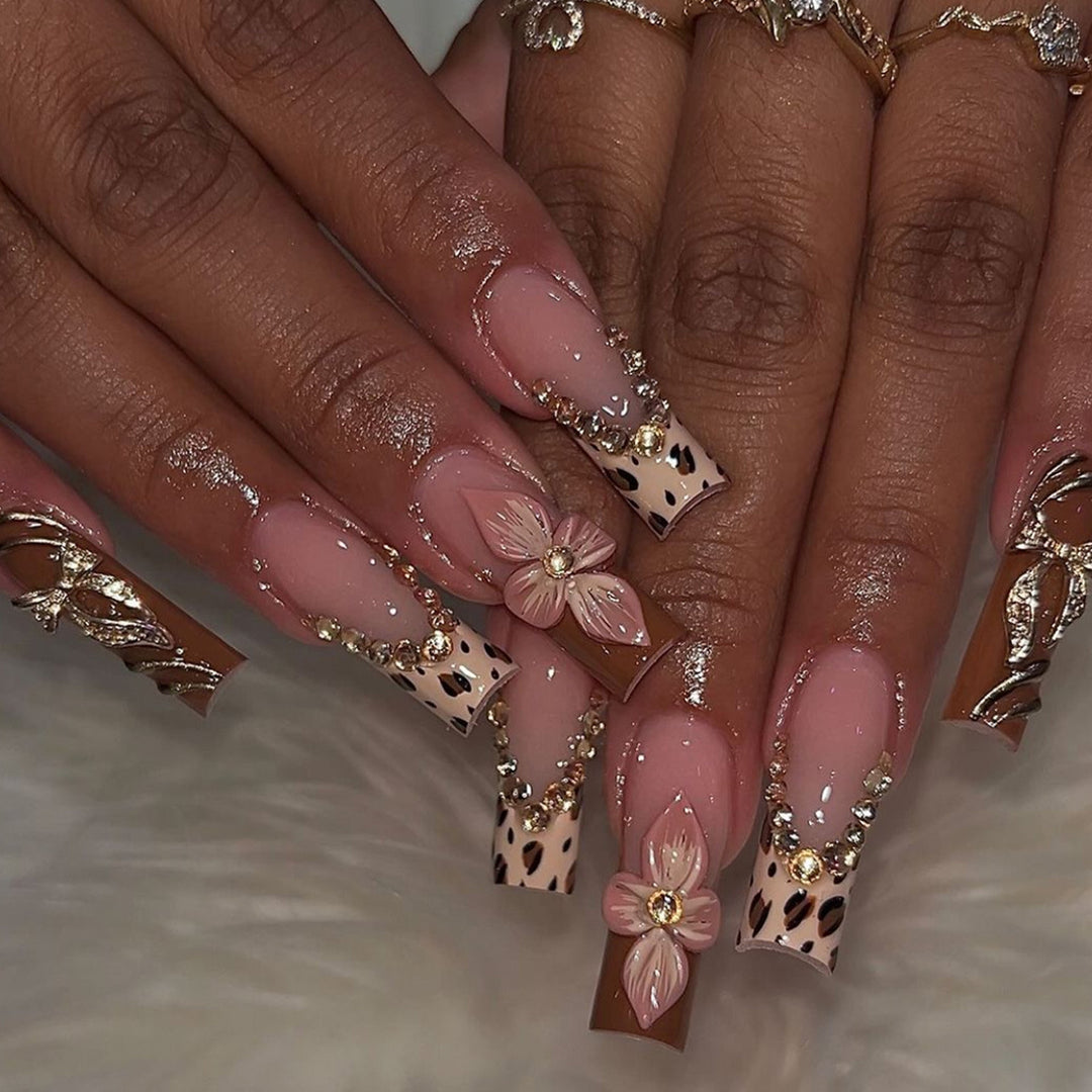 Artistic Long Press-On Nail Extensions with Elegant Floral Design Stornfield