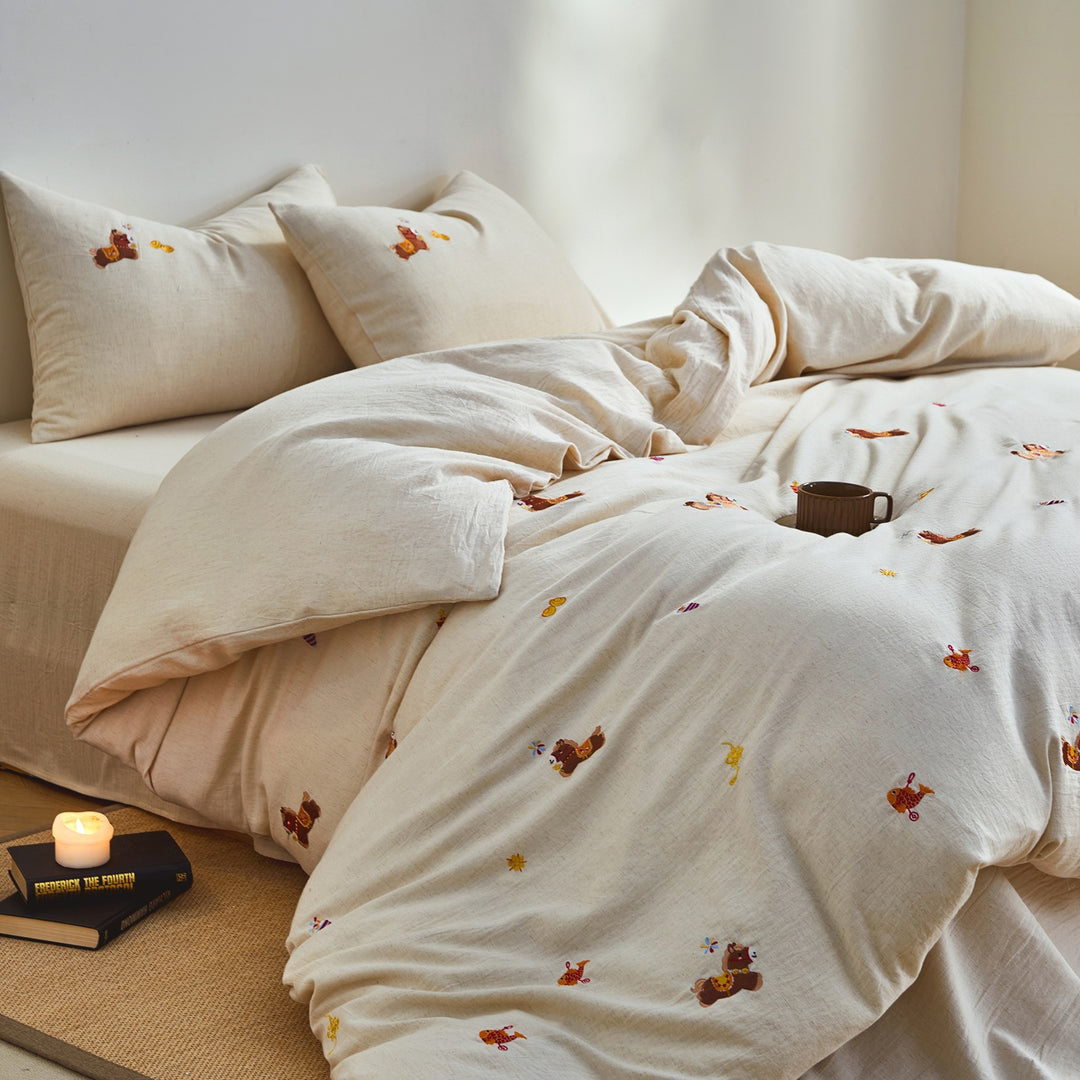 Breathable Washed Cotton Duvet Cover Set with Green Fruit Embroidery and Pillow Shams
