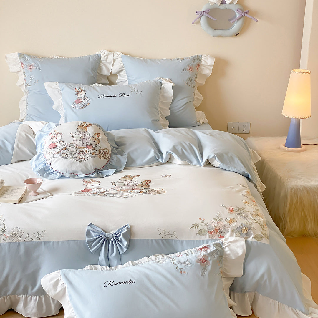 Ruffled Embroidered Cotton Sateen Bedding Ensemble with Decorative Round Pillow & Ruffled Skirt