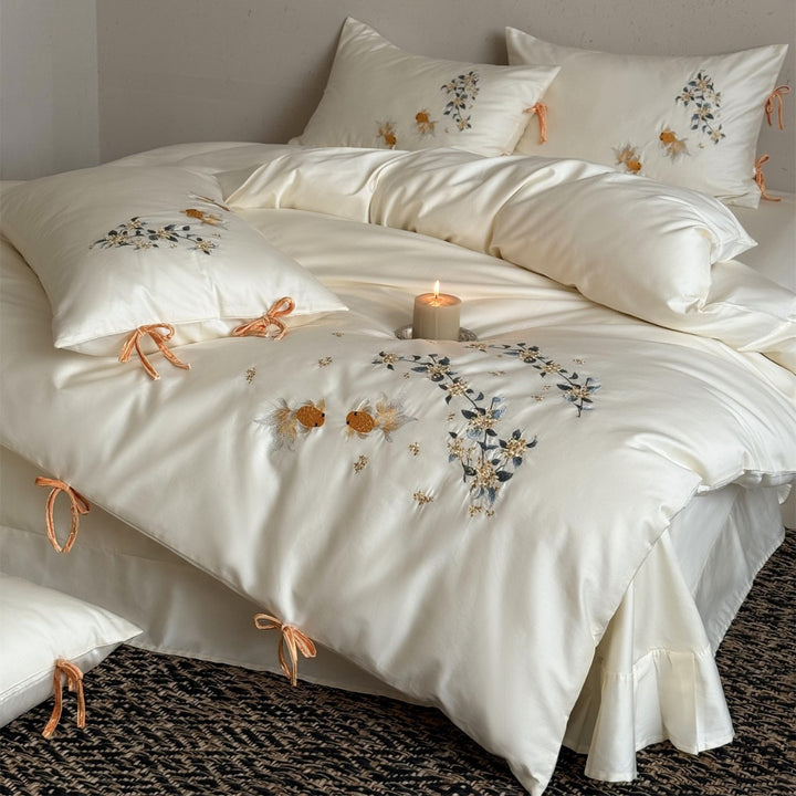 Embroidered Cotton Sateen Duvet Cover Set with Goldfish & Floral Motifs and Velvet Tie Closures