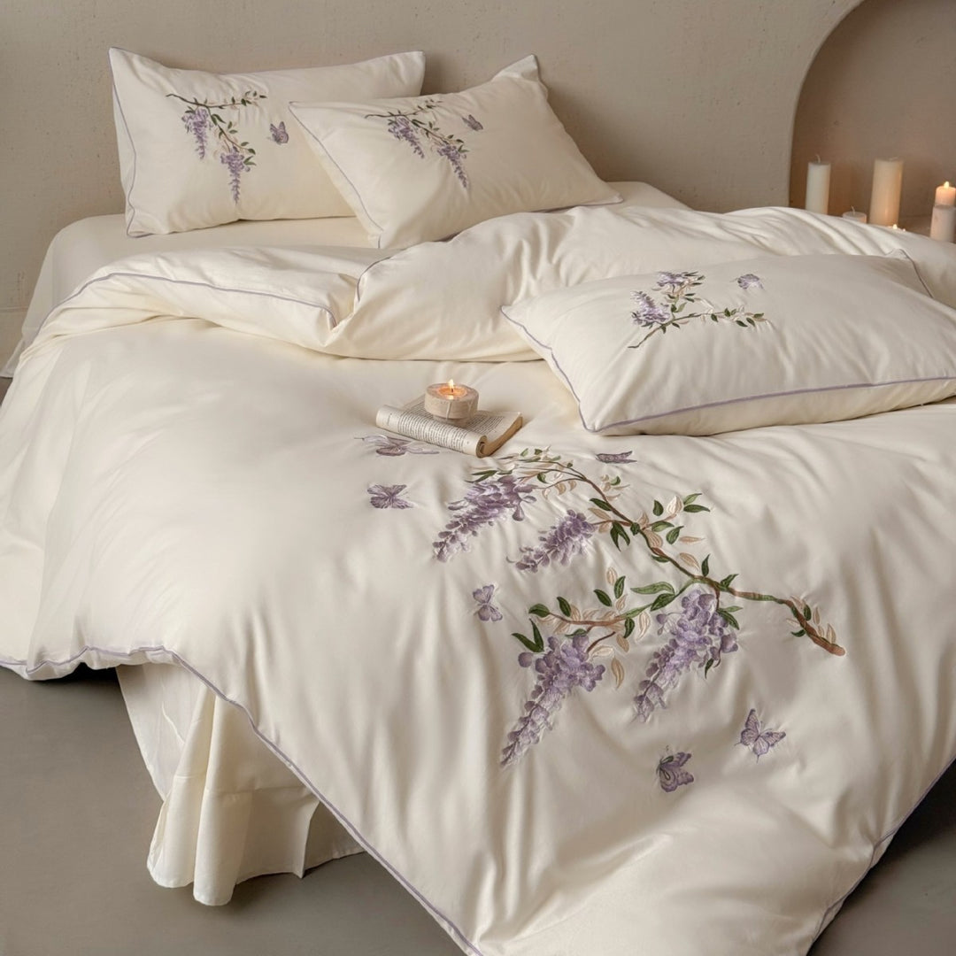 Luxurious satin bedding set with floral embroidery