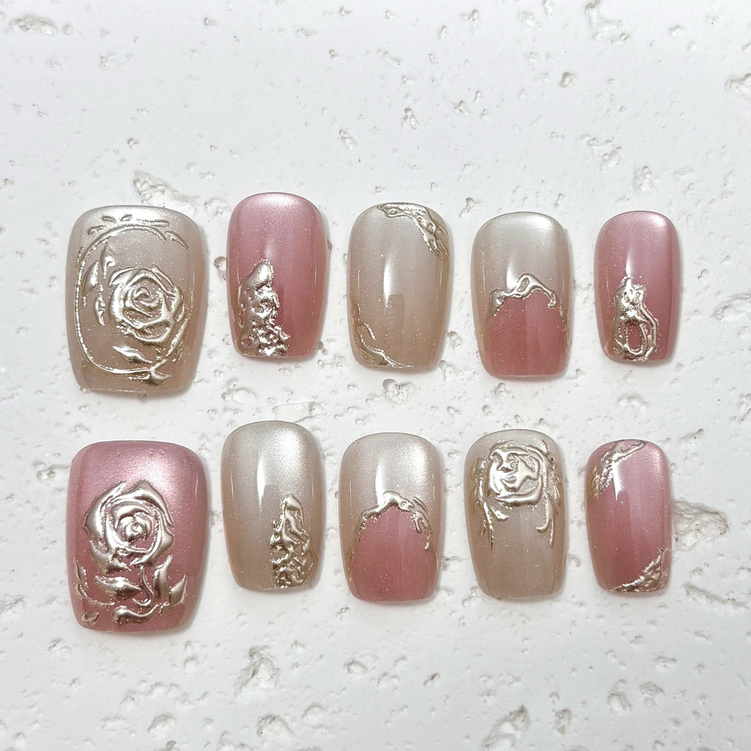 Floral-Engraved Press-On Nail Design Set