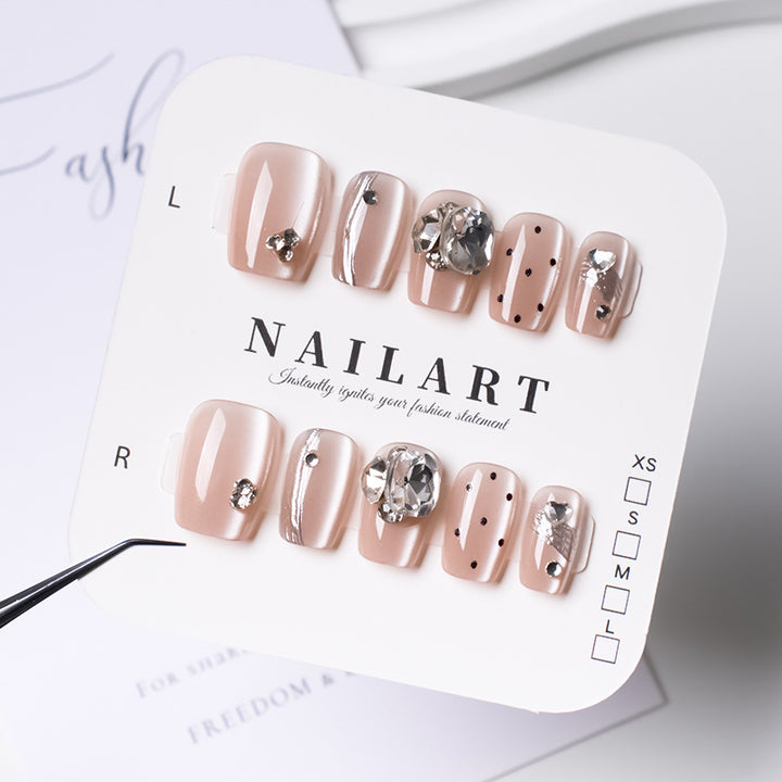 Artistic Press-On Nail Set with Rhinestone and Glossy Finish Stornfield