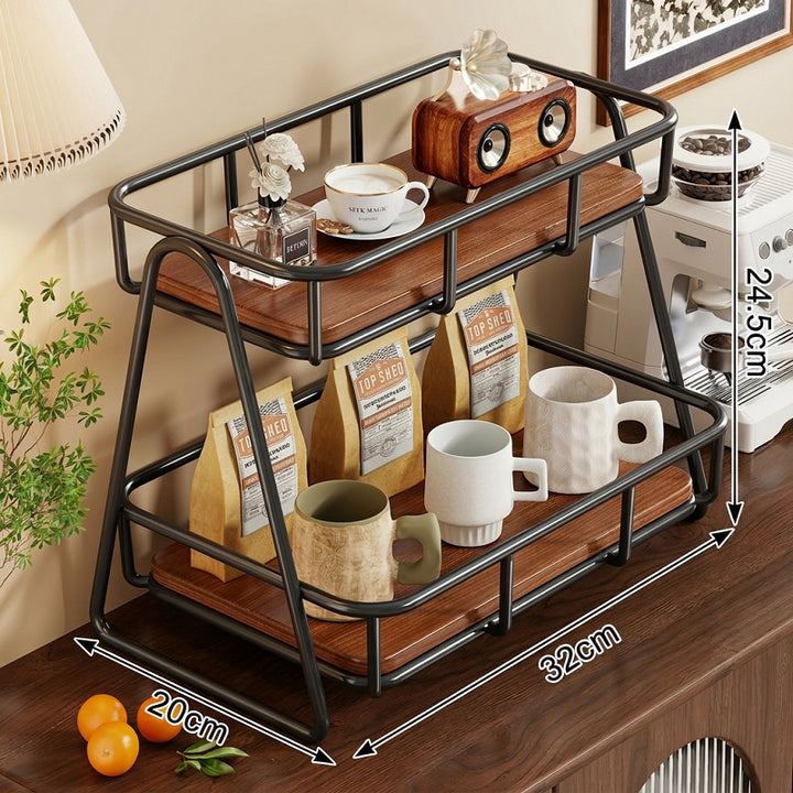 Two Tier Wood-Top Metal Countertop Kitchen Organizer Rack