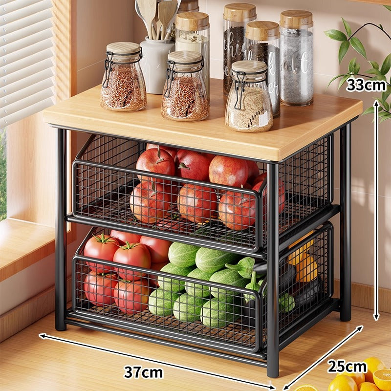 Countertop Bamboo-Top Metal Mesh Sliding Storage Shelf with Pull-Out Basket
