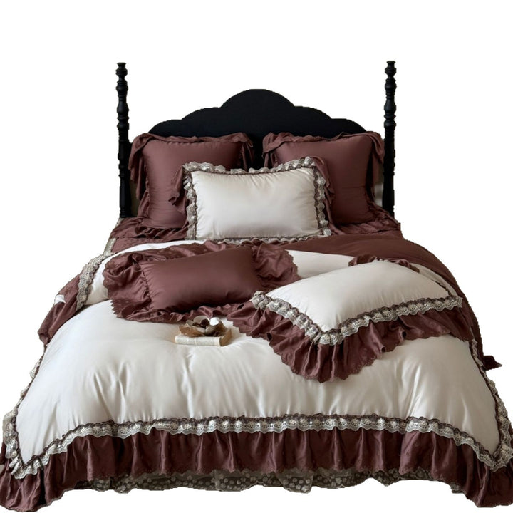 Luxurious satin-like duvet cover set with ruffles and lace trim