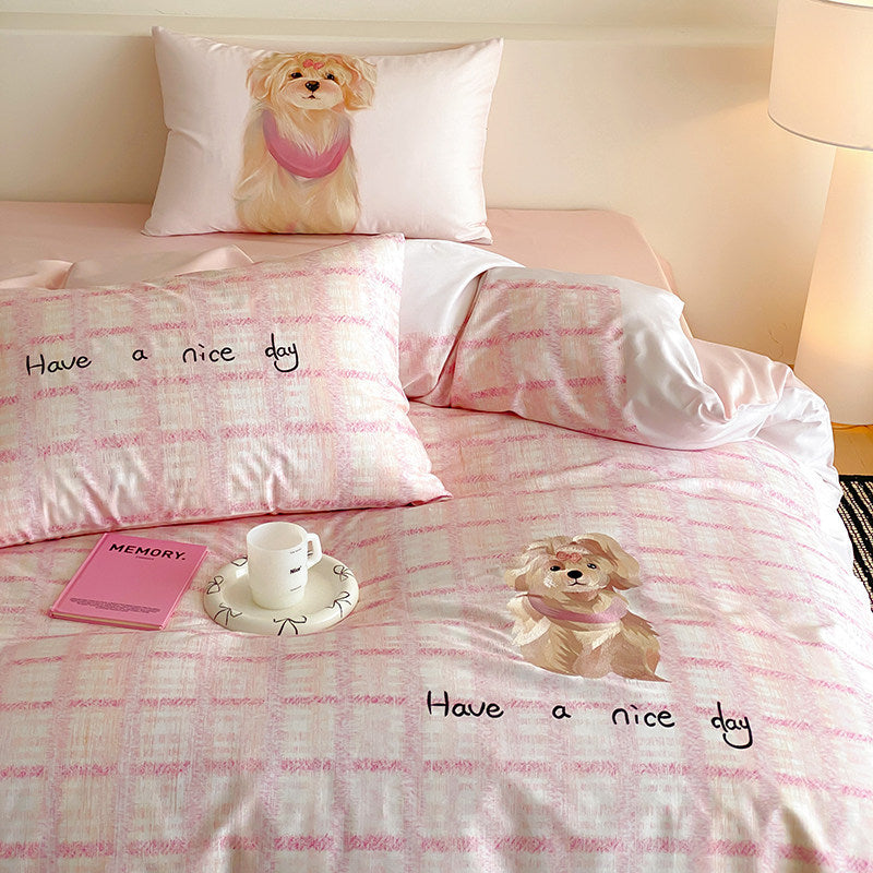 Playful Pink Plaid Cotton Sateen Duvet Cover Set with Cute Dog Print & Reversible Silky Finish