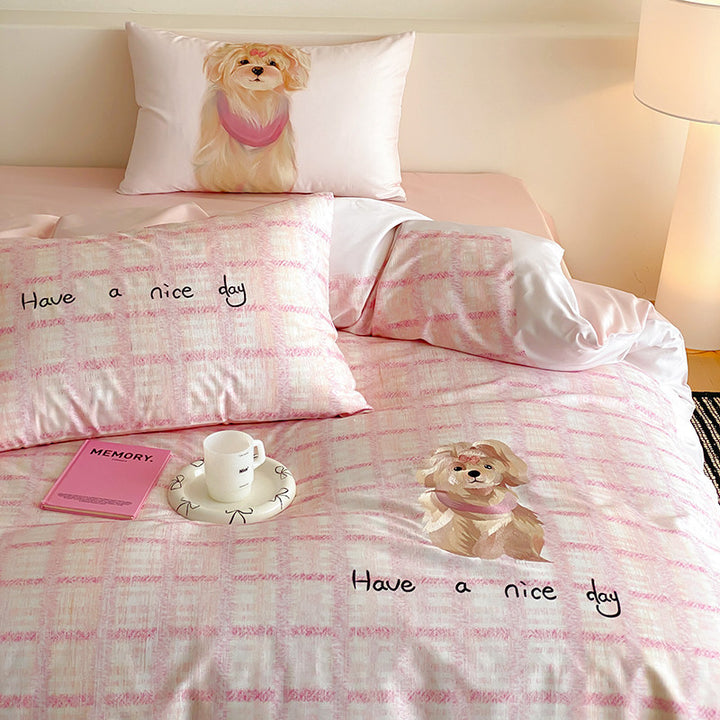 Playful Pink Plaid Cotton Sateen Duvet Cover Set with Cute Dog Print & Reversible Silky Finish