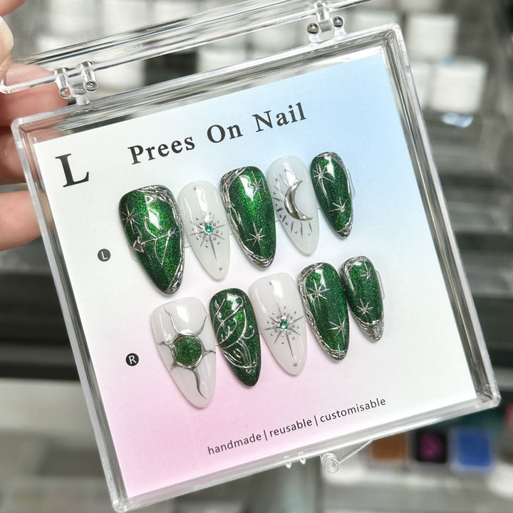 Artistic Press-On Nail Set with Green Glitter and Gem Accents