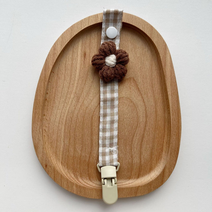 Gingham Linen-Style Crochet Flower Pacifier and Teether Clip