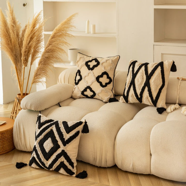 Boho Textured Tufted Diamond Throw Pillow with Tassel Corners and Removable Cover