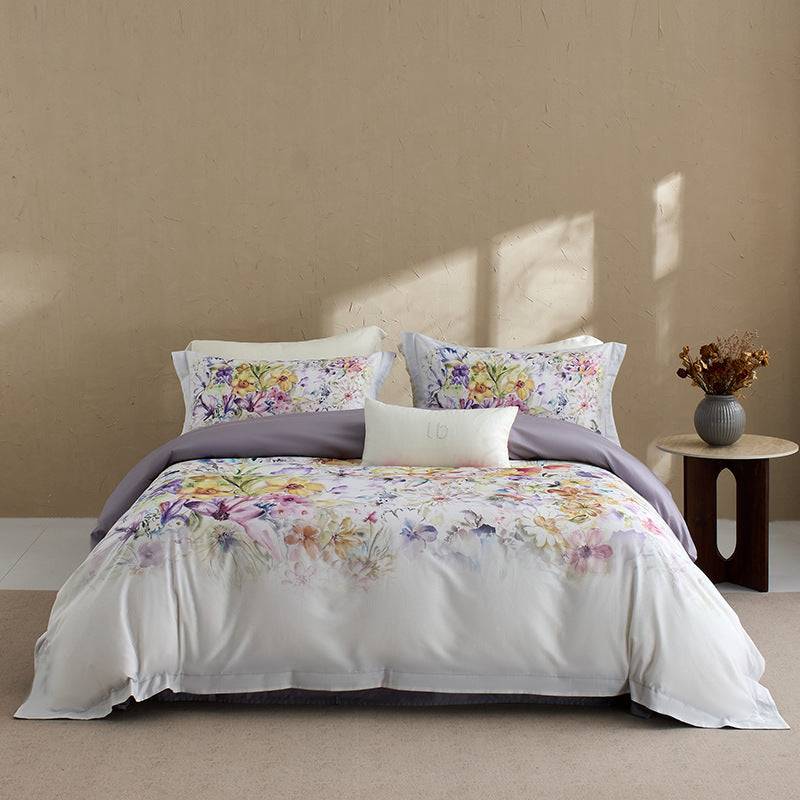 Botanical Vintage Meadow Print Cotton Duvet Cover Set with Sateen Reverse & Matching Shams