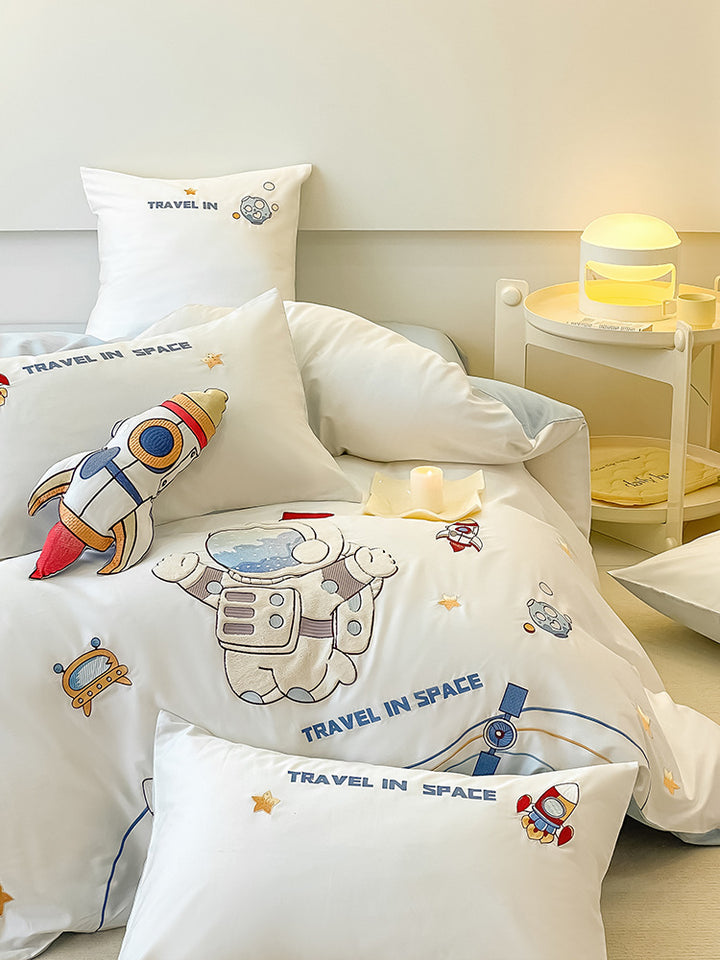 Children's Space-Themed Cotton Sateen Duvet Cover Bedding Set with Embroidered Astronaut & Rocket Motifs