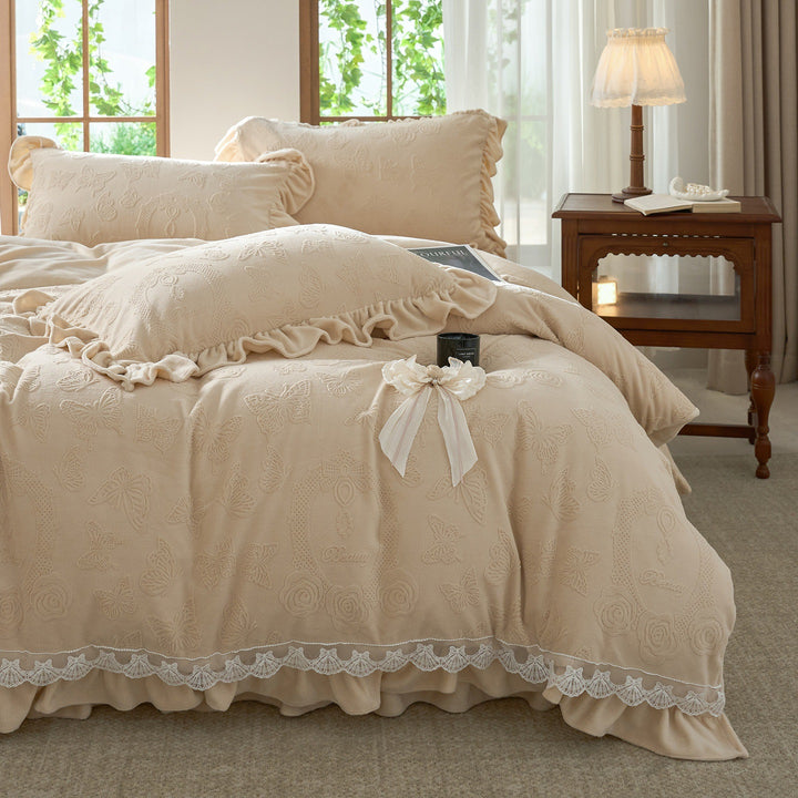 Embroidered Butterfly Pattern Bedspread Set