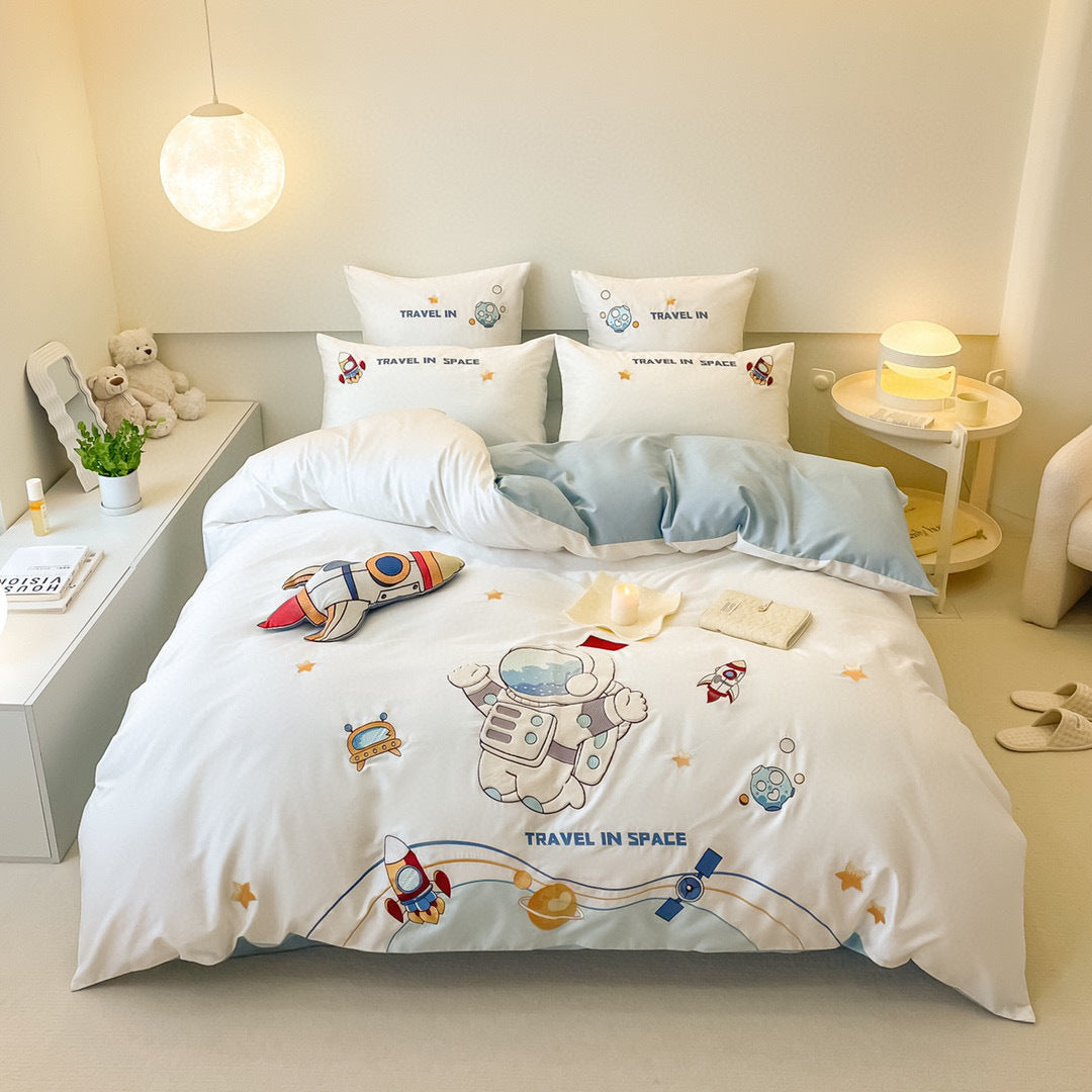 Embroidered Cartoon Rabbit Cotton Sateen Duvet Cover Set with Plush Accent Pillow