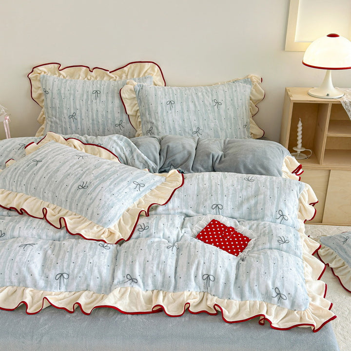 Ruffled Toile Comforter and Shams Set with Contrast Piping