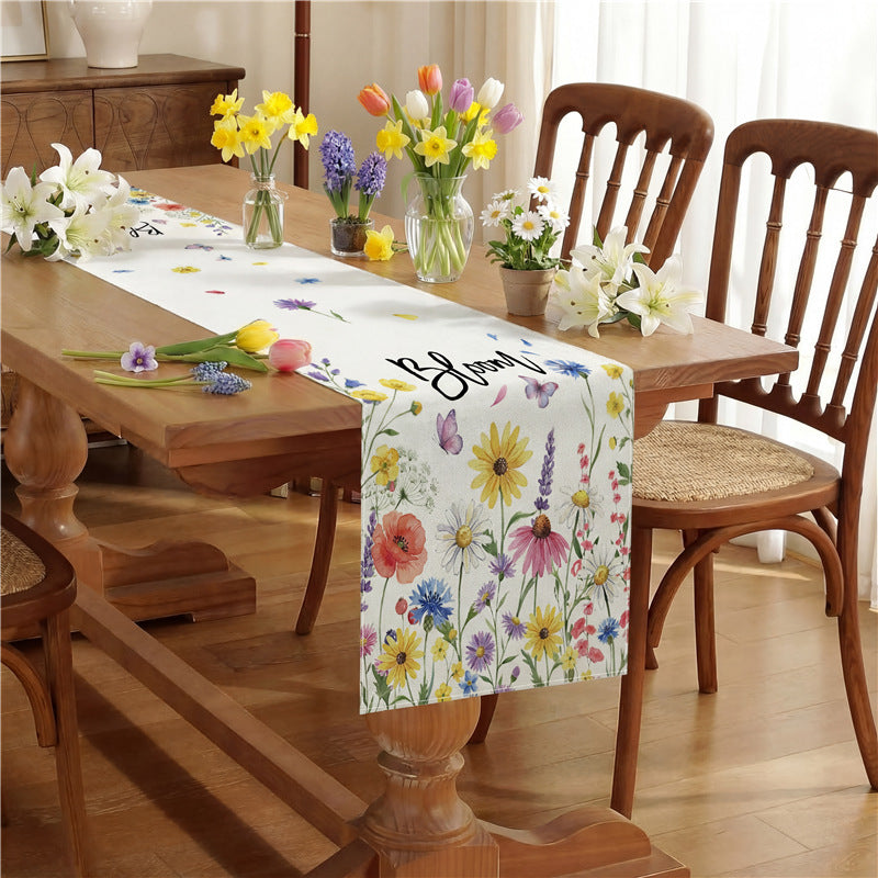 Watercolor Wildflower Cotton-Linen Table Runner with Meadow Botanical Print