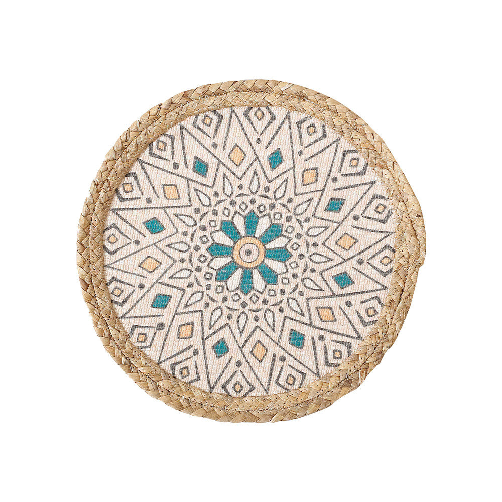 Beef seat pouf with mandala print, woven surface and braided jute edge