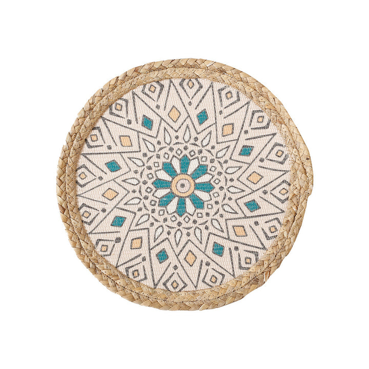 Beef seat pouf with mandala print, woven surface and braided jute edge
